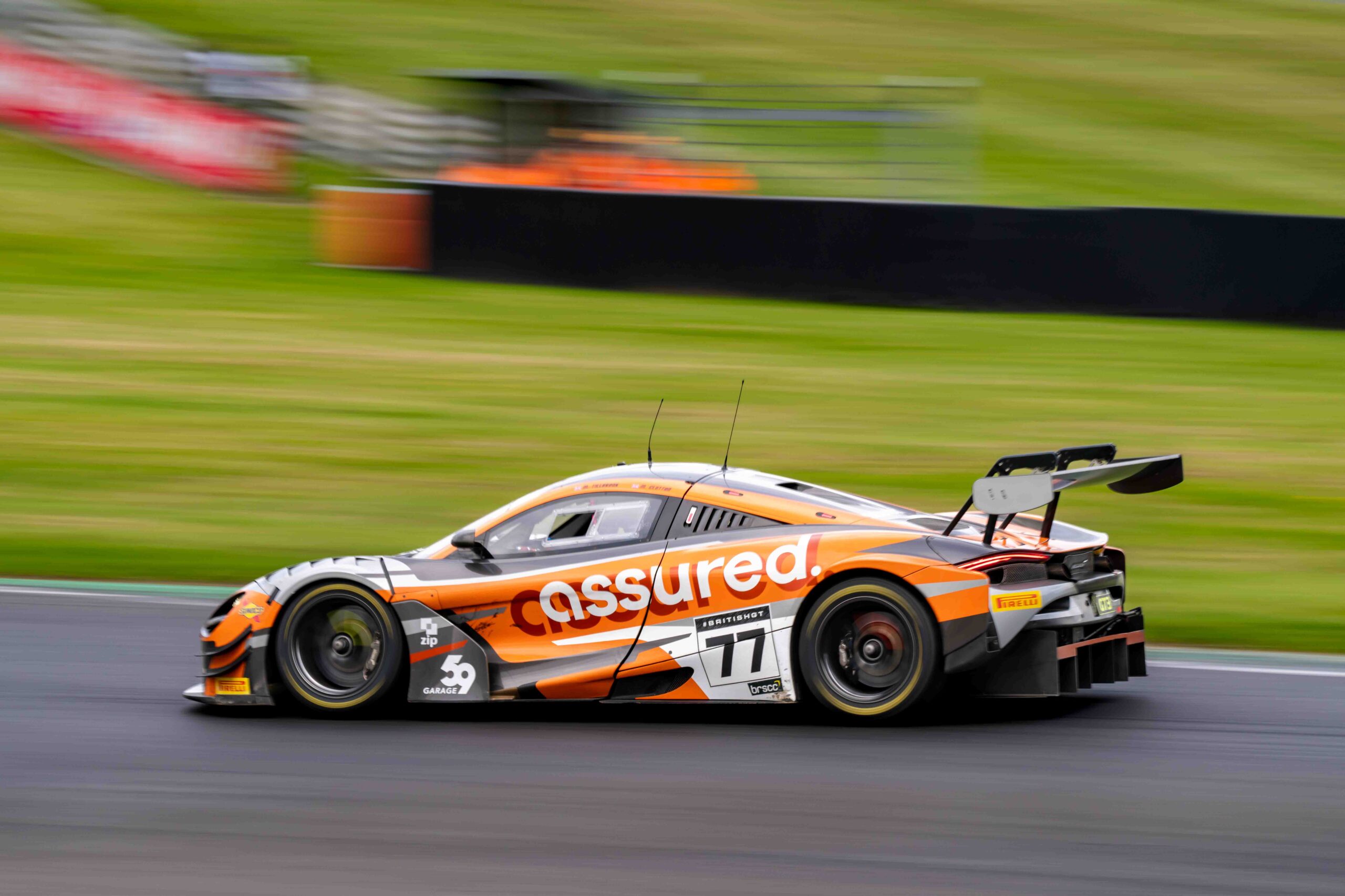 British GT3 Car 77 Marcus Clutton & Morgan Tillbrook McLaren 720S GT3 Evo at Brands Hatch Oct 2024