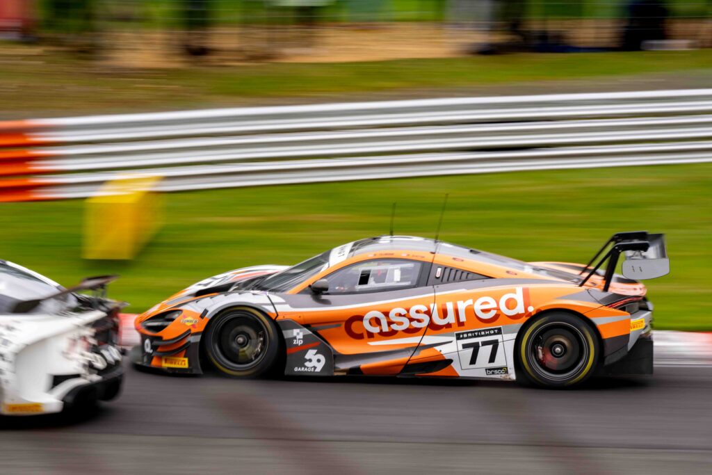 British GT3 Car 77 Marcus Clutton & Morgan Tillbrook McLaren 720S GT3 Evo at Brands Hatch Oct 2024