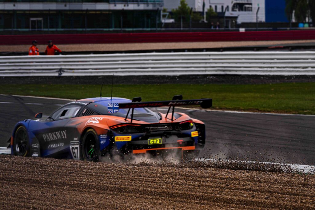 McLaren 720S GT3 Evo Kicking Up Stones at Silverstone 500 British GT Championship 2025