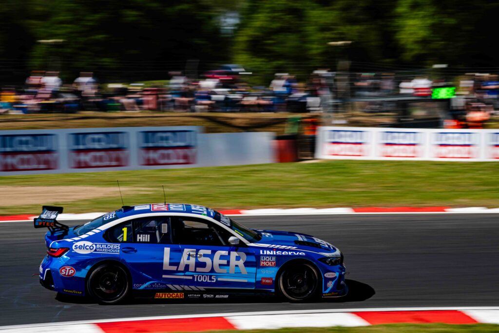 Jake Hill with Laser Tools Racing on his way to victory in race one of the BTCC at Brands Hatch May 2025