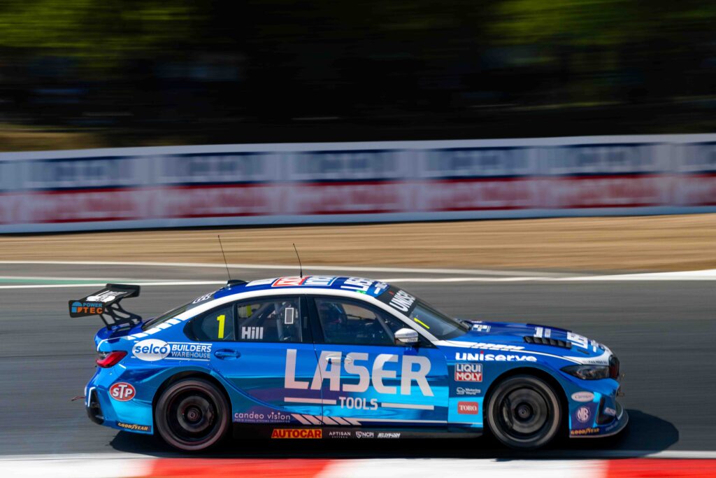 Jake Hill with Laser Tools Racing on his way to victory in race one of the BTCC at Brands Hatch May 2025