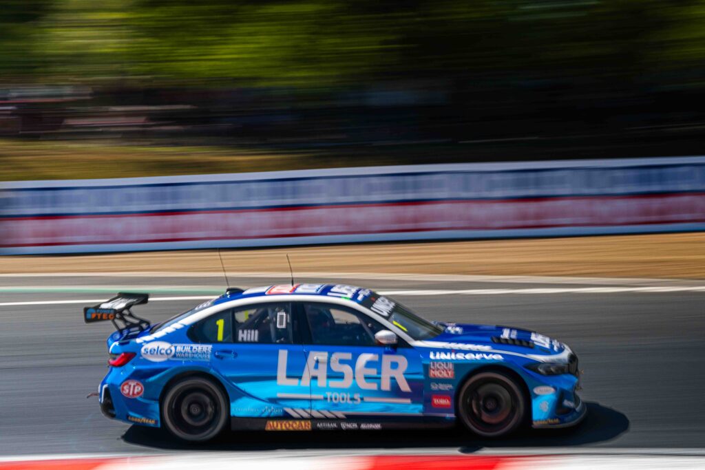 Jake Hill with Laser Tools Racing on his way to victory in race one of the BTCC at Brands Hatch May 2025