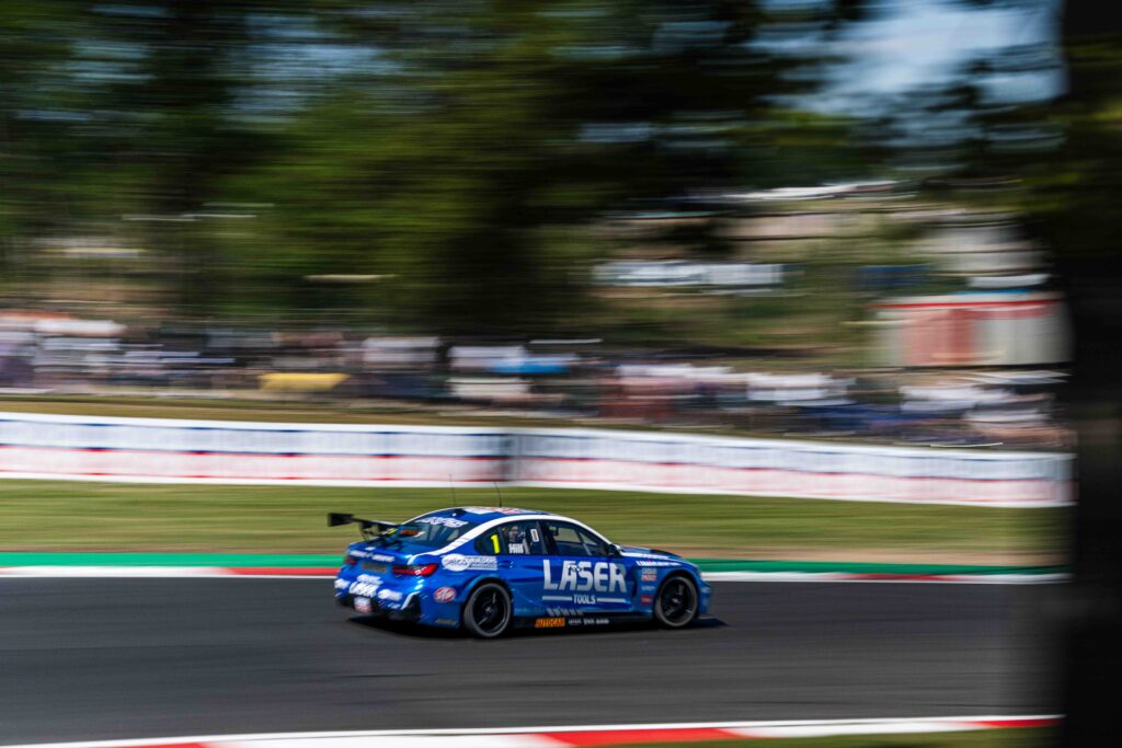Jake Hill with Laser Tools Racing on his way to victory in race one of the BTCC at Brands Hatch May 2025