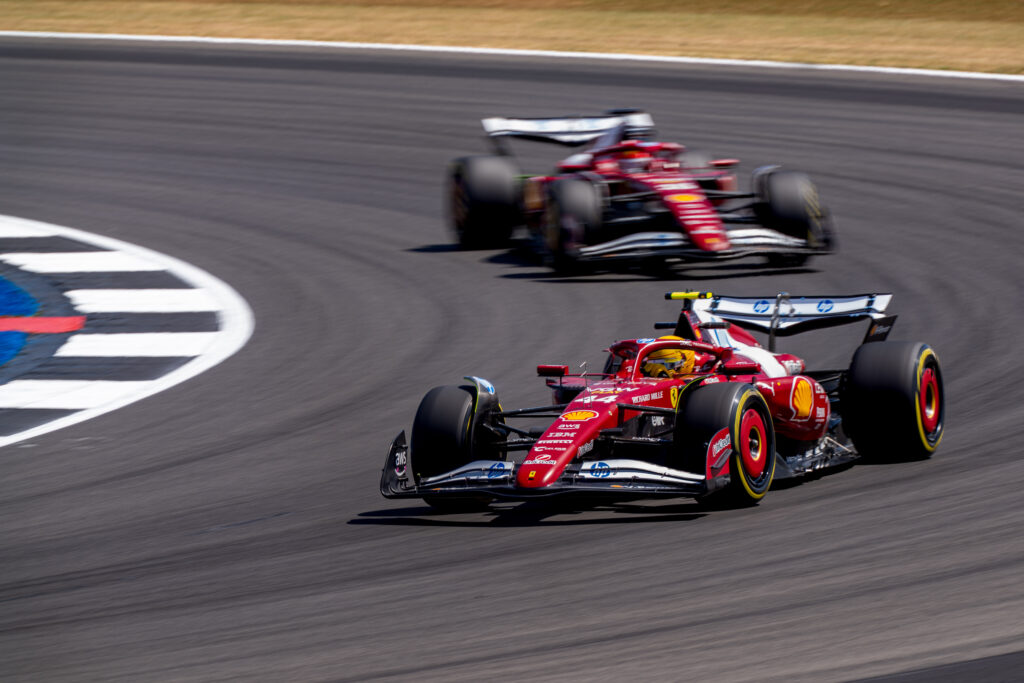 Lewis Hamilton & Charles Leclerc during Free Practice 1 at the Silverstone Formula 1 Grand Prix F1