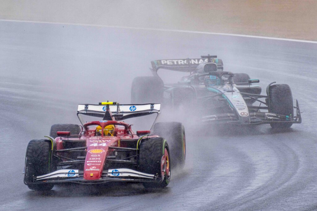 Lewis Hamilton & Old Team Mate George Russell During The Formula 1 Feature Race At The Silverstone Grand Prix 2025