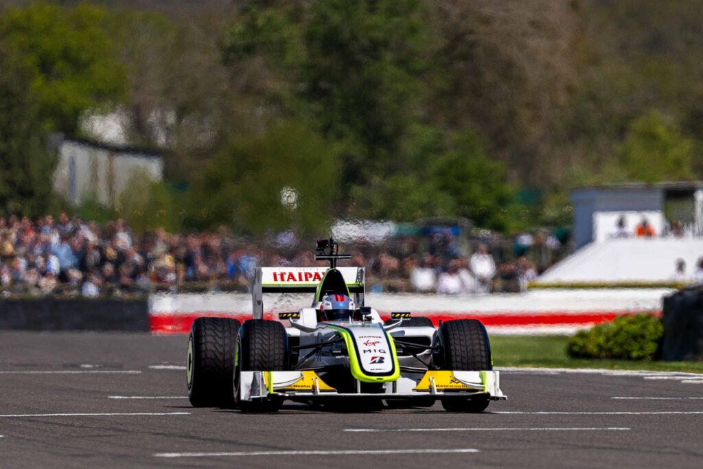Jenson Button driving the Brawn BGP 001 Formula 1 car at Goodwood Motor Circuit during the 83rd Members’ Meeting in April 2026