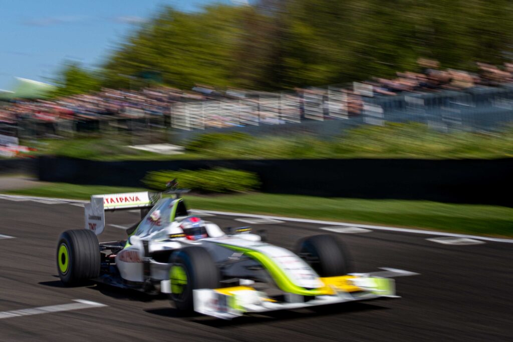Jenson Button driving the Brawn BGP 001 Formula 1 car at Goodwood Motor Circuit during the 83rd Members’ Meeting in April 2026