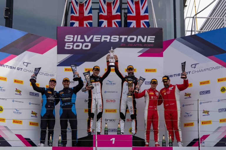 On the Podium Yasser Shahin & Garnet Patterson in 1st, Jonathon Beeson & Charles Clark in 2nd & Darren Leung & Dan Harper in 3rd at the Silverstone 500