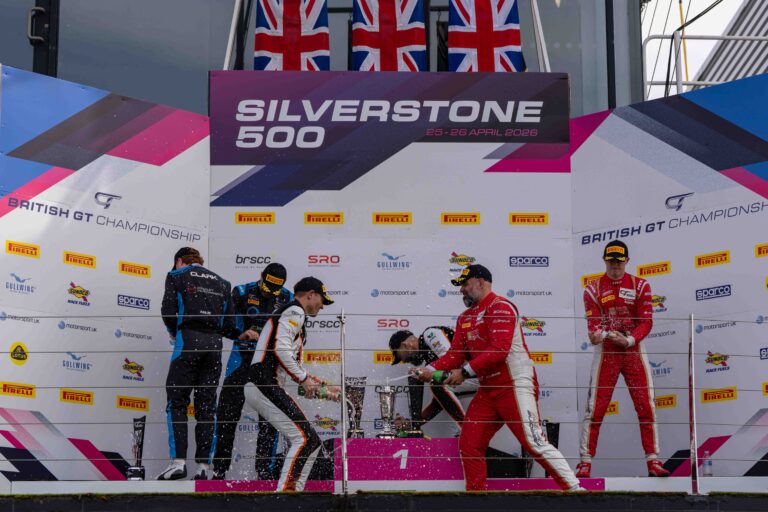 On the Podium Yasser Shahin & Garnet Patterson in 1st, Jonathon Beeson & Charles Clark in 2nd & Darren Leung & Dan Harper in 3rd at the Silverstone 500