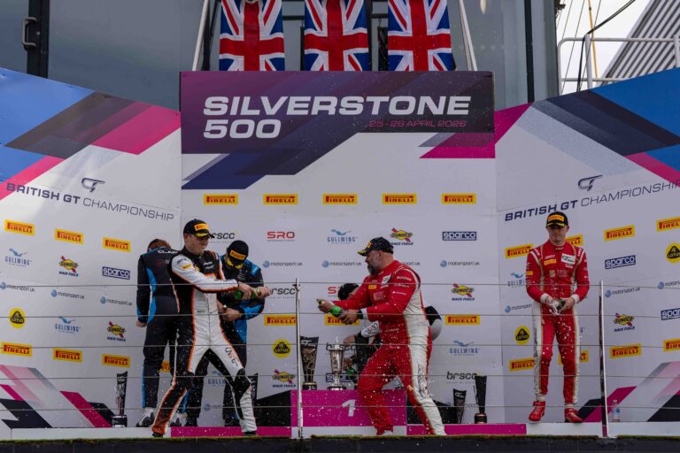 On the Podium Yasser Shahin & Garnet Patterson in 1st, Jonathon Beeson & Charles Clark in 2nd & Darren Leung & Dan Harper in 3rd at the Silverstone 500