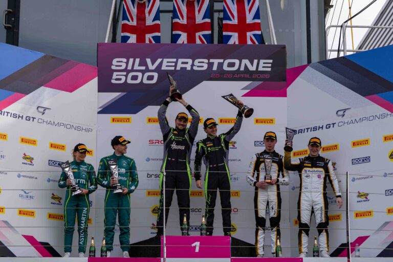 On the Podium Thomas Holland & Hadley Simpson in 1st, Jessica Hawkins & Will Orton in 2nd & Luca Hopkinson & Josh Stanton in 3rd at the Silverstone 500