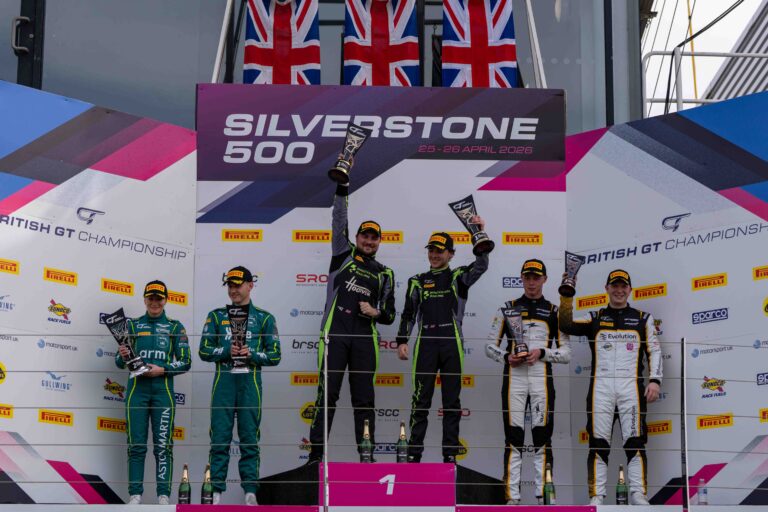 On the Podium Thomas Holland & Hadley Simpson in 1st, Jessica Hawkins & Will Orton in 2nd & Luca Hopkinson & Josh Stanton in 3rd at the Silverstone 500
