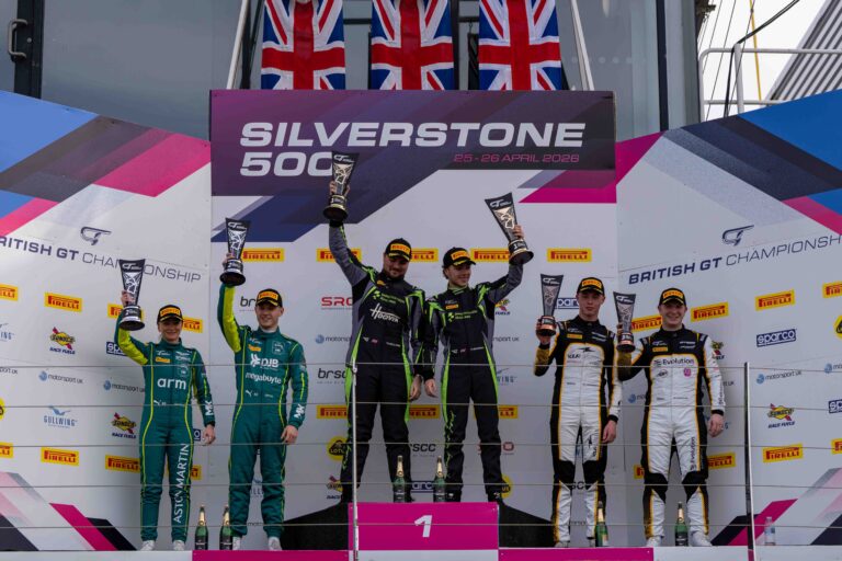 On the Podium Thomas Holland & Hadley Simpson in 1st, Jessica Hawkins & Will Orton in 2nd & Luca Hopkinson & Josh Stanton in 3rd at the Silverstone 500