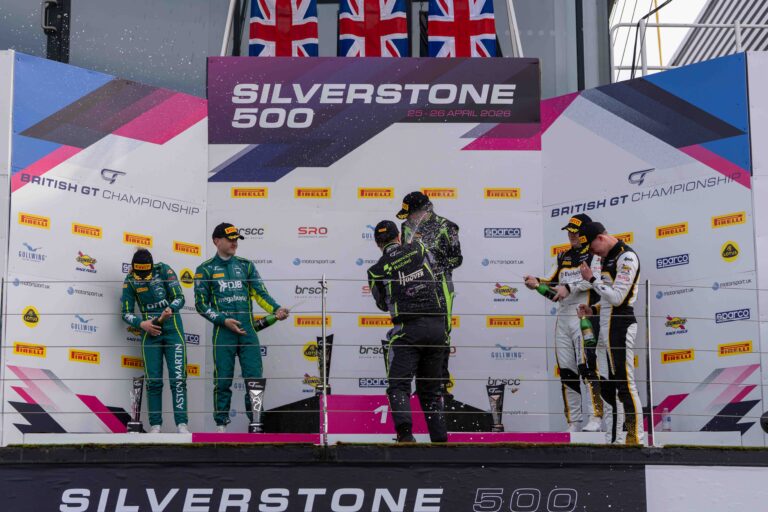 On the Podium Thomas Holland & Hadley Simpson in 1st, Jessica Hawkins & Will Orton in 2nd & Luca Hopkinson & Josh Stanton in 3rd at the Silverstone 500