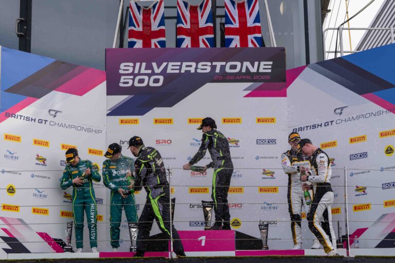 On the Podium Thomas Holland & Hadley Simpson in 1st, Jessica Hawkins & Will Orton in 2nd & Luca Hopkinson & Josh Stanton in 3rd at the Silverstone 500