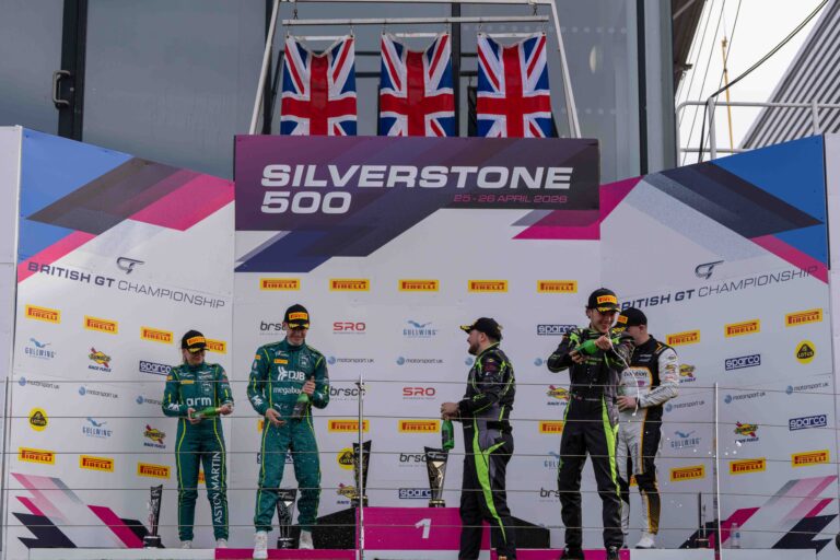 On the Podium Thomas Holland & Hadley Simpson in 1st, Jessica Hawkins & Will Orton in 2nd & Luca Hopkinson & Josh Stanton in 3rd at the Silverstone 500