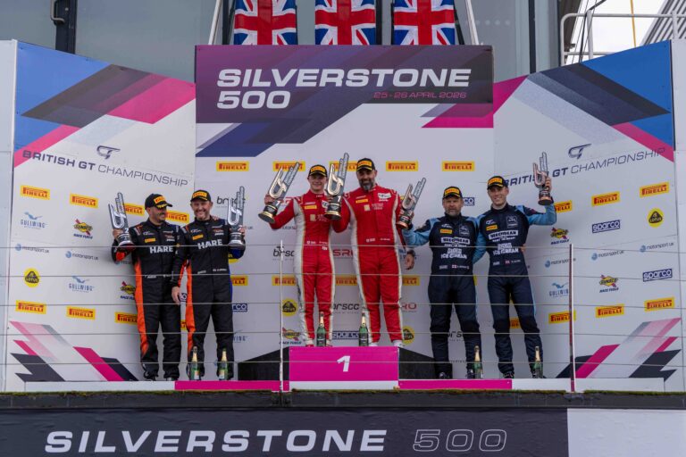 On the Podium Darren Leung & Dan Harper at in 1st, Marcus Clutton & Simon Orange in 2nd & Ross Gunn & Andrew Howard in 3rd at the Silverstone 500