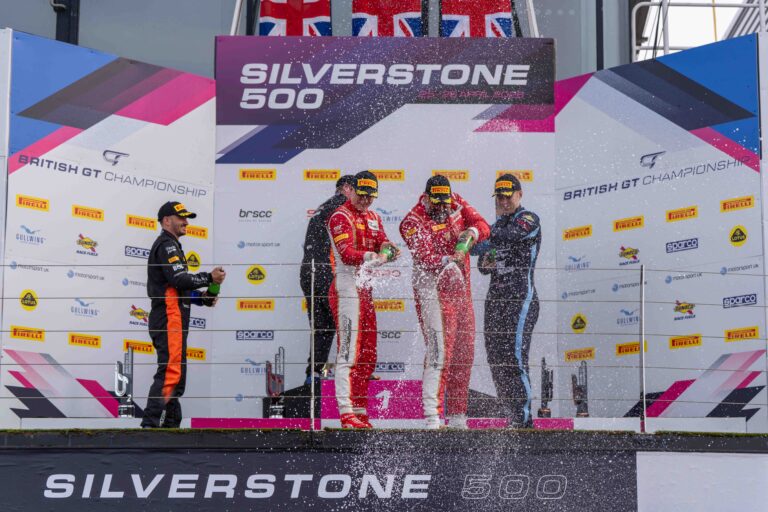 On the Podium Darren Leung & Dan Harper at in 1st, Marcus Clutton & Simon Orange in 2nd & Ross Gunn & Andrew Howard in 3rd at the Silverstone 500