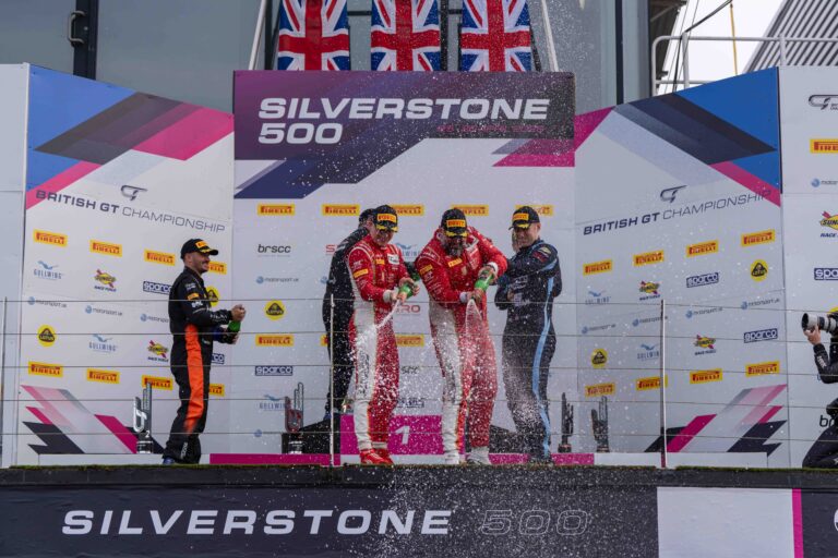 On the Podium Darren Leung & Dan Harper at in 1st, Marcus Clutton & Simon Orange in 2nd & Ross Gunn & Andrew Howard in 3rd at the Silverstone 500