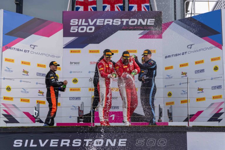 On the Podium Darren Leung & Dan Harper at in 1st, Marcus Clutton & Simon Orange in 2nd & Ross Gunn & Andrew Howard in 3rd at the Silverstone 500