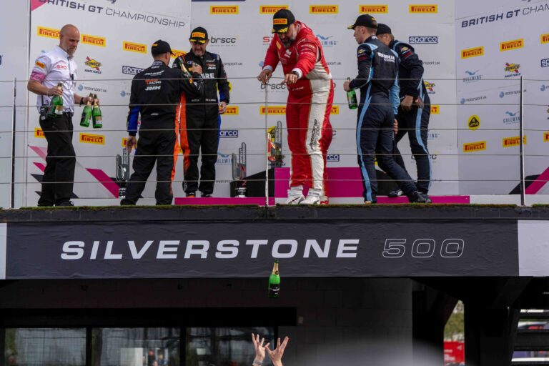 On the Podium Darren Leung & Dan Harper at in 1st, Marcus Clutton & Simon Orange in 2nd & Ross Gunn & Andrew Howard in 3rd at the Silverstone 500