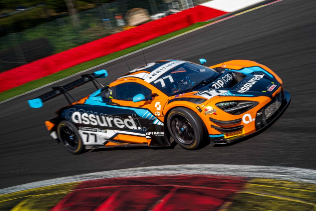 Car #77 Morgan Tillbrook & Ben Barnicoat for Optimum Motorsport in a McLaren 720S GT3 Evo at the British GT Championship, Spa-Francorchamps
