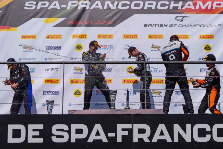 Alex Martin and Jarrod Waberski claimed a memorable victory in Car #78 for Barwell Motorsport during the British GT Championship's visit to Spa-Francorchamps. Driving the Lamborghini Huracán GT3 EVO2, the pair took control of the race early and converted their pace into a commanding win around one of motorsport's most iconic circuits. The result marked Waberski's first overall British GT victory and Barwell Motorsport's 30th British GT win with Lamborghini. This gallery captures the action from a dramatic afternoon in the Ardennes, featuring the race-winning Lamborghini tackling legendary corners such as Eau Rouge and Raidillon on its way to the top step of the podium.