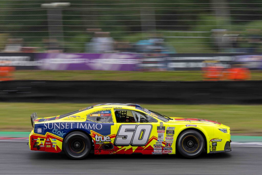 Car #50 Jordan O'Brien & Gil Linster for Hendriks Motorsports in a Ford Mustang at the EuroNascar Grand Prix at Brands Hatch