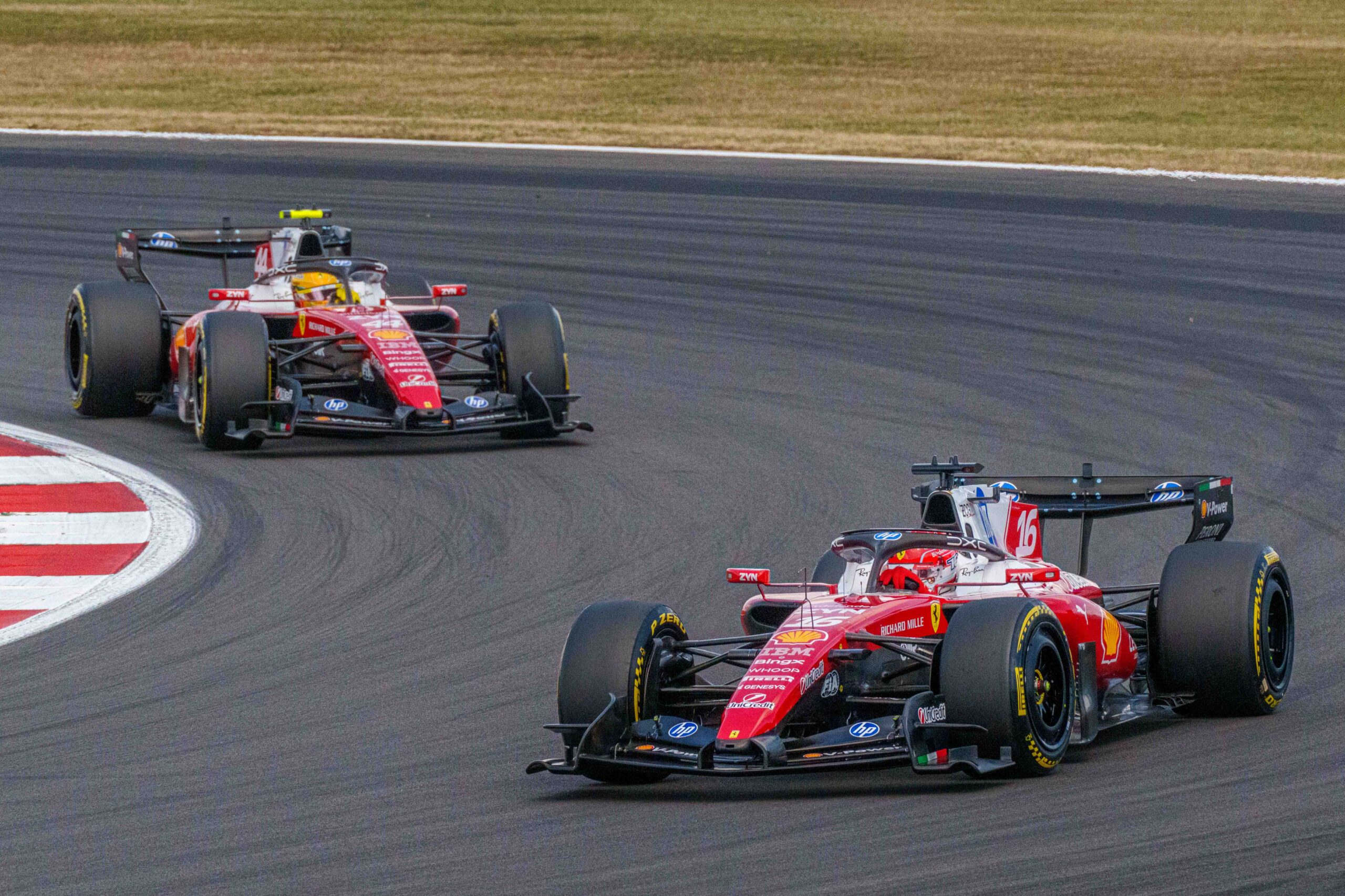 Car #44 Lewis Hamilton & Car #16 Charles Leclerc claiming a double Podium for Ferrari during the Feature Race at the British Formula 1 Grand Prix