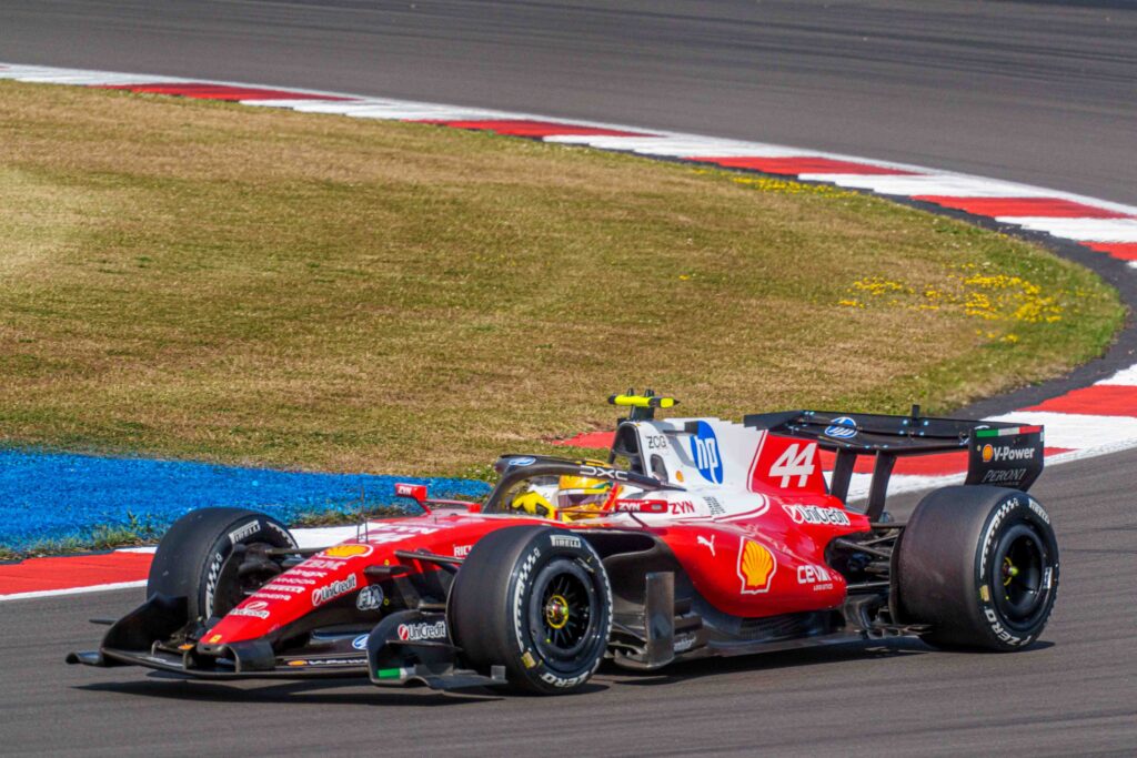 Car #44 Lewis Hamilton & Car #16 Charles Leclerc claiming a double Podium for Ferrari  during the Feature Race at the British Formula 1 Grand Prix