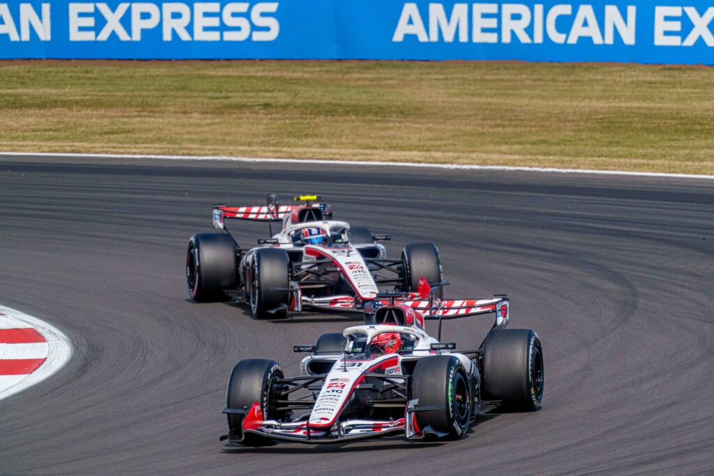 Car #31 Esteban Ocon & Car #87 Oliver Bearman for Haas during the Feature Race at the British Formula 1 Grand Prix