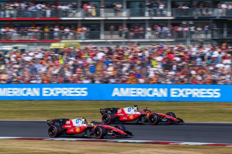 Car #44 Lewis Hamilton & Car #16 Charles Leclerc claiming a double Podium for Ferrari during the Feature Race at the British Formula 1 Grand Prix