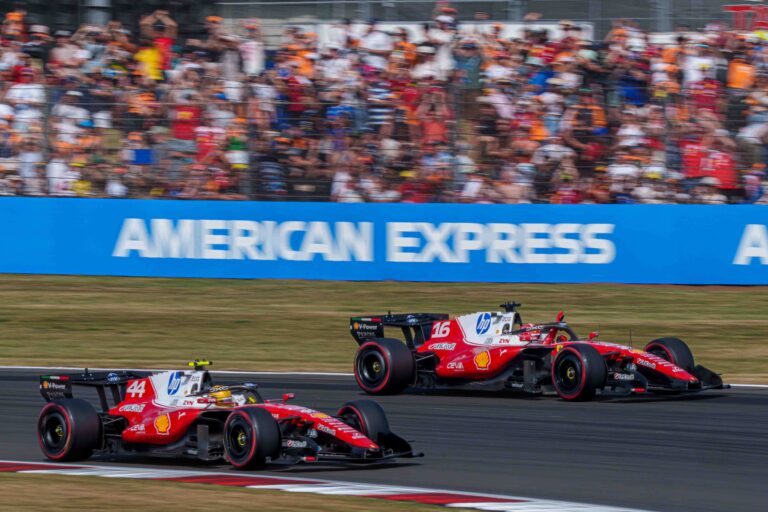 Car #44 Lewis Hamilton & Car #16 Charles Leclerc claiming a double Podium for Ferrari during the Feature Race at the British Formula 1 Grand Prix