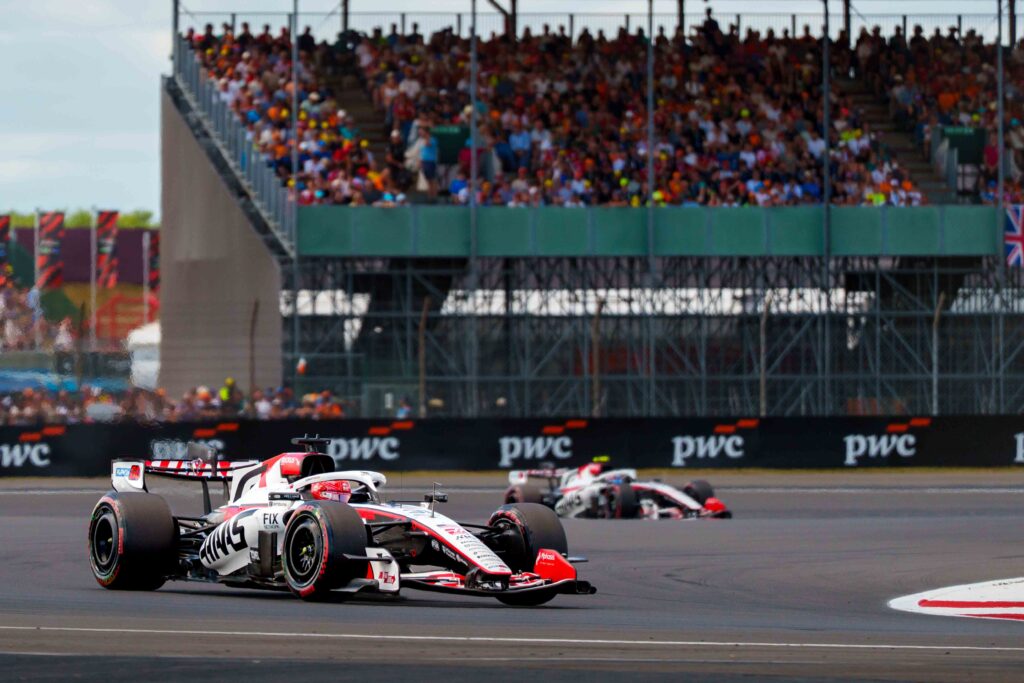 Car #31 Esteban Ocon & Car #87 Oliver Bearman for Haas during the Feature Race at the British Formula 1 Grand Prix