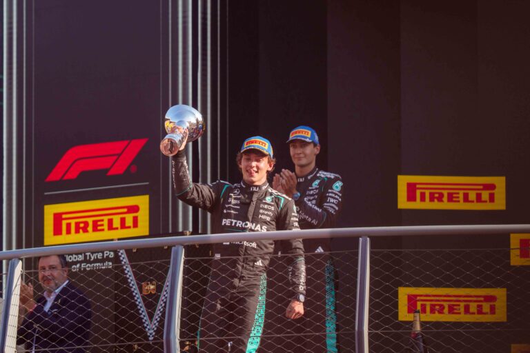 Kimi Antoenelli on the Top of the Monza Podum. A First in Monza for 60 Years