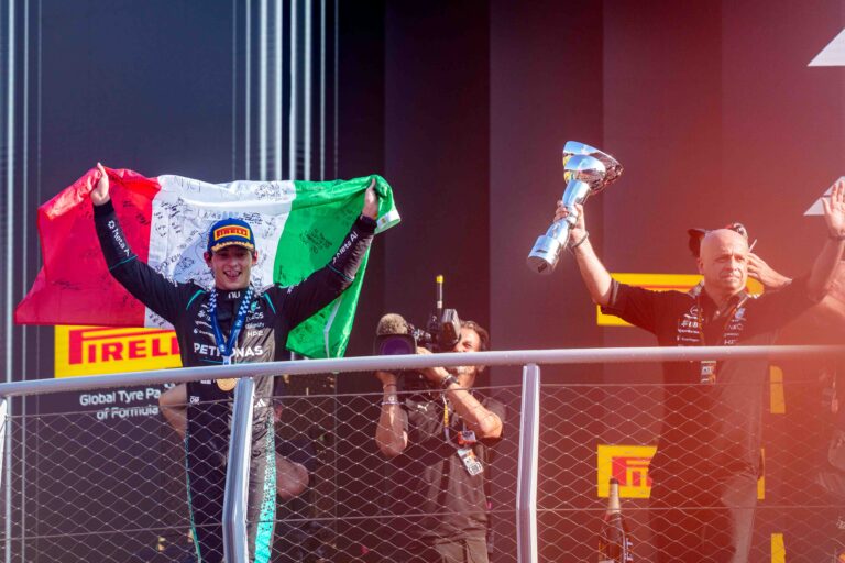 Kimi Antoenelli on the Top of the Monza Podum. A First in Monza for 60 Years