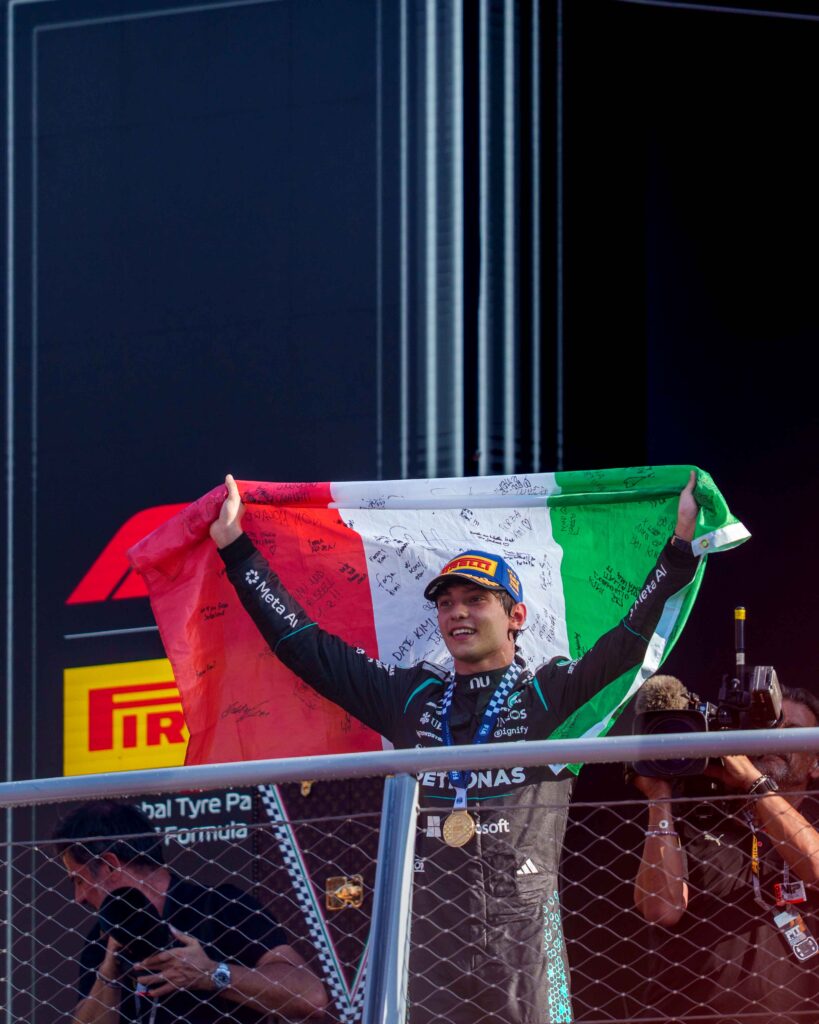 Kimi Antonelli celebrates his victory at the 2026 Italian Grand Prix at Monza