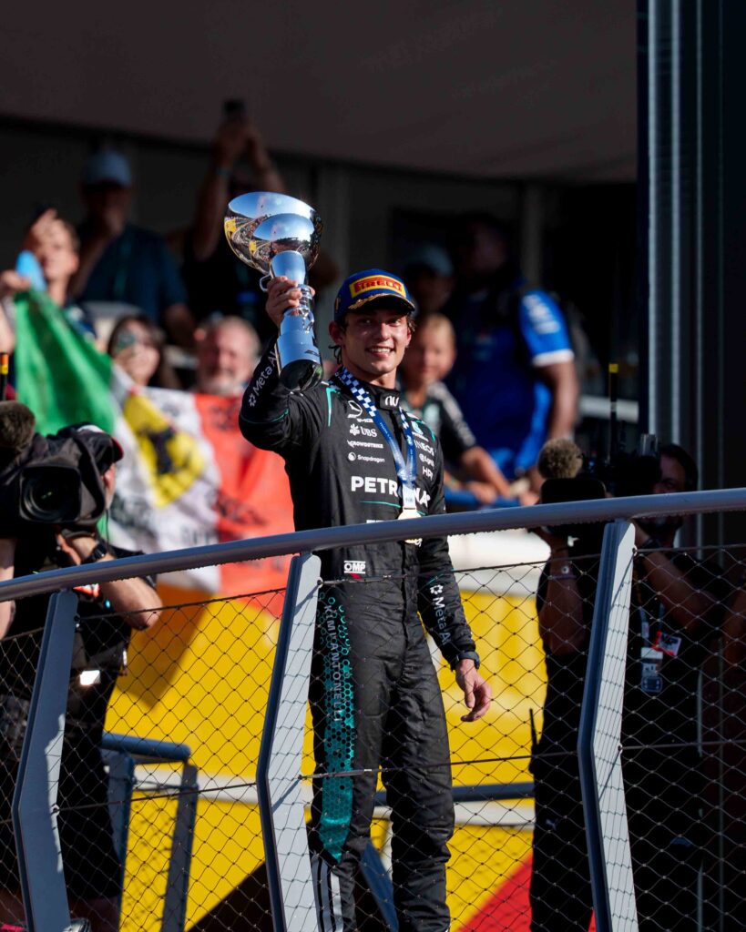 Kimi Antonelli celebrates his victory at the 2026 Italian Grand Prix at Monza