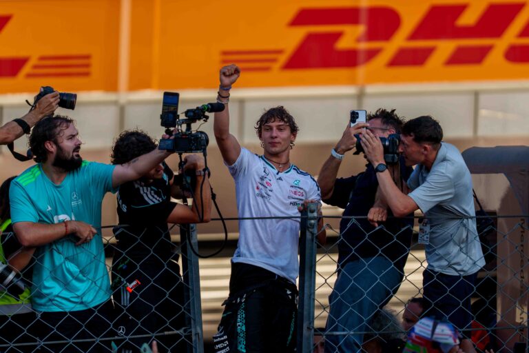 Kimi Antoenelli on the Top of the Monza Podum. A First in Monza for 60 Years