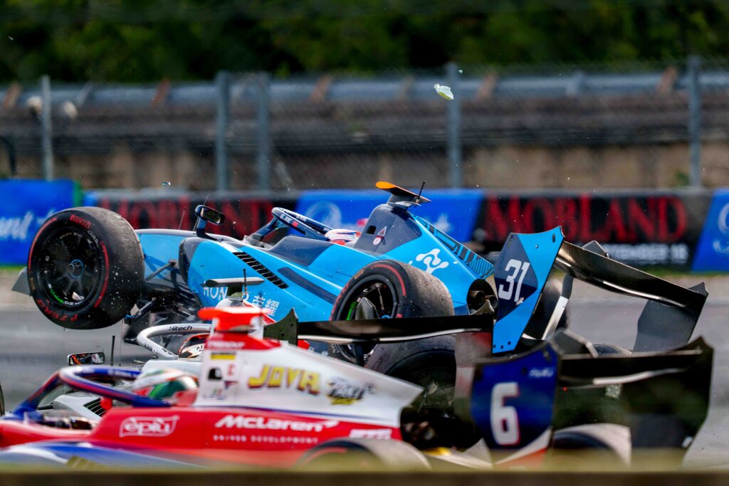 Photo coverage of Gerrard Xie's #31 DAMS Lucas Oil F3 car in the airborne first-corner crash at Monza that ended his 2026 season.
