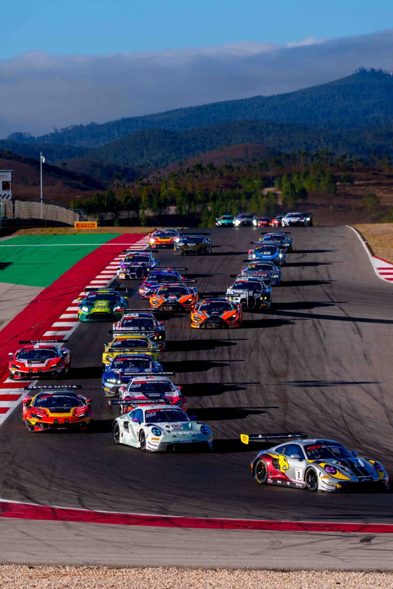 Cars Approaching Turn 5 at the Start of the GTWC Season Final Feature Race in Portimao