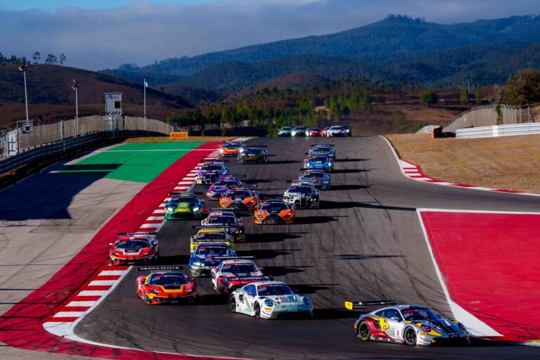 Cars Approaching Turn 5 at the Start of the GTWC Season Final Feature Race in Portimao