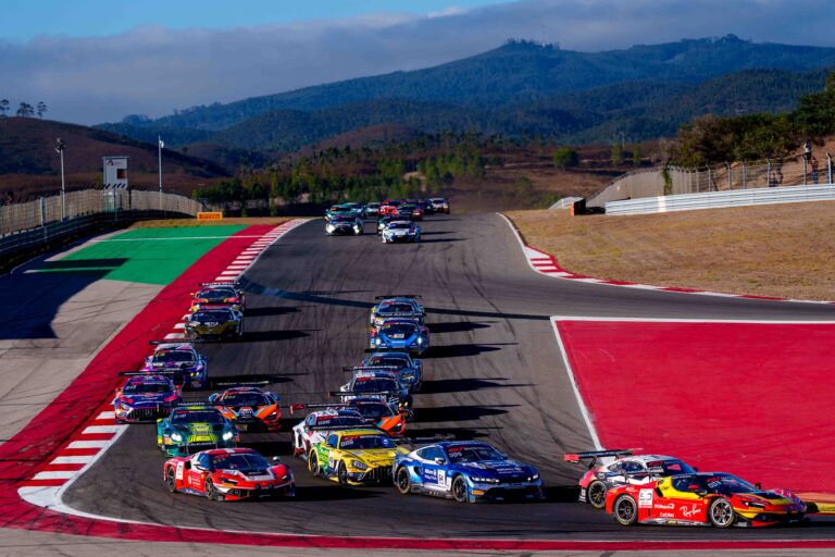 Cars Approaching Turn 5 at the Start of the GTWC Season Final Feature Race in Portimao