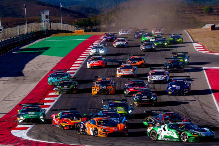 Cars Approaching Turn 5 at the Start of the GTWC Season Final Feature Race in Portimao