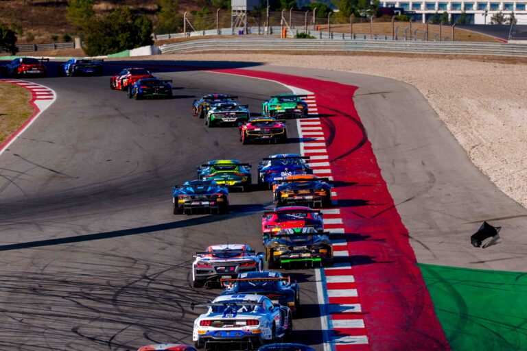 Cars Approaching Turn 6 at the Start of the GTWC Season Final Feature Race in Portimao