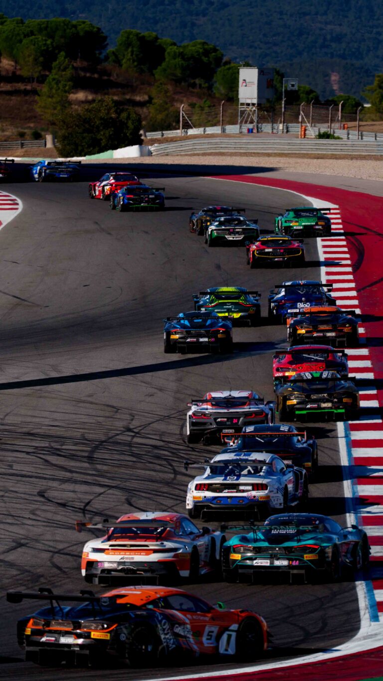 Cars Approaching Turn 6 at the Start of the GTWC Season Final Feature Race in Portimao